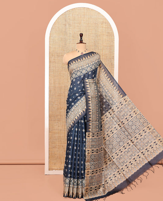 Dark Grey Buttas Tussar Silk Saree, an Ajrakh-Printed Border, Ajrakh Pallu, and Contrast Blouse