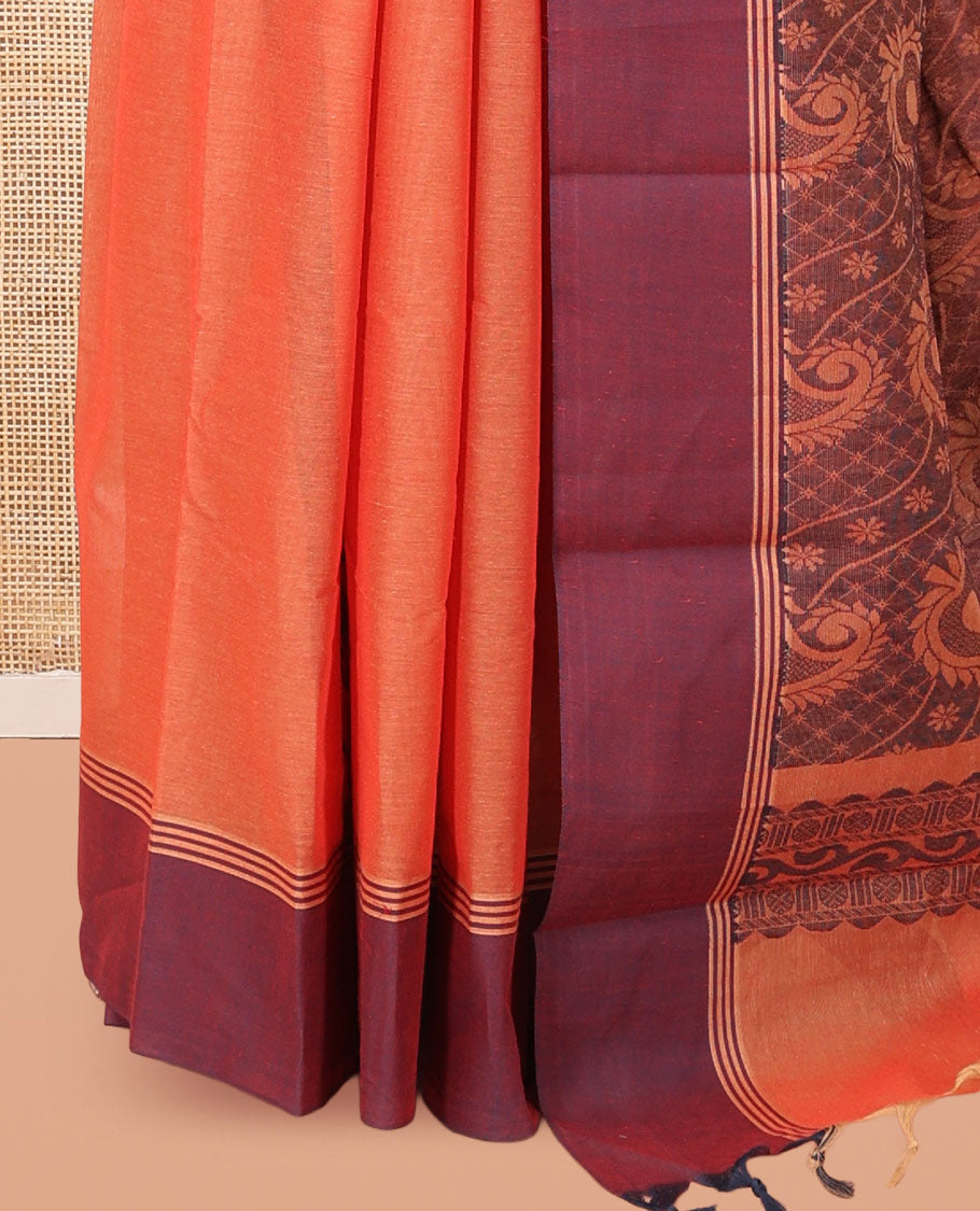 Orange Kanchi Cotton Saree, Woven with Floral Designs, a Contrast Border, Paisley Pallu, and a Matching Blouse