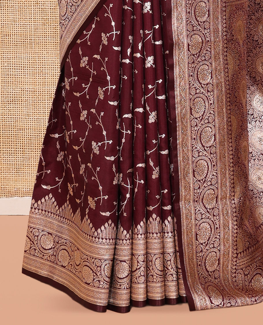 Maroon Semi-Banaras Satin Silk Saree