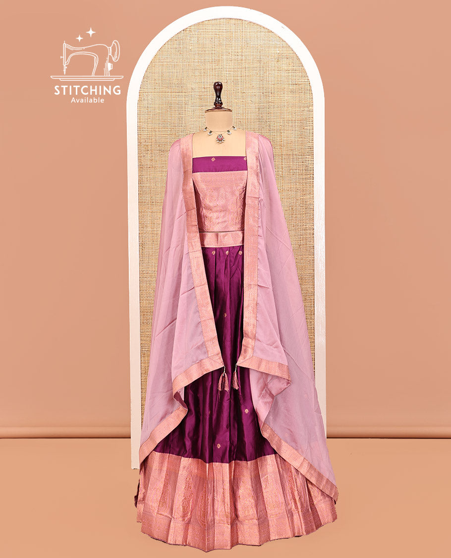 Purple Art Silk Half Saree Features Buttas Skirt, Complemented by Contrast Traditional Border, Matching Blouse, and a Plain Zari-Bordered Dhavani