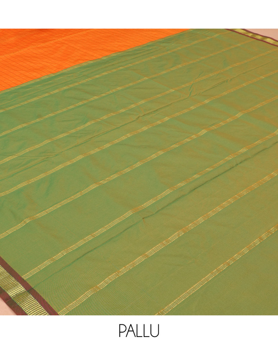 Orange Checked Art-Silk Nine Yard Saree, a Contrast Traditional Zari Border, Pallu of Zari Stripes, and No Blouse