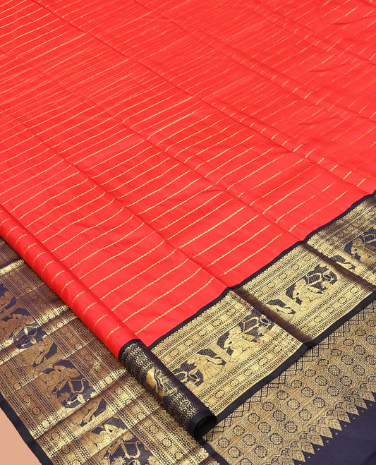 Orange Neli Striped Kanchipuram Silk Saree, Complemented by a Contrast Border of Rekku, Banaras, Muthu, Neli, Mayil, Kann, Kamalam, and Ram Seetha Designs, Grand Pallu, and Contrast Blouse