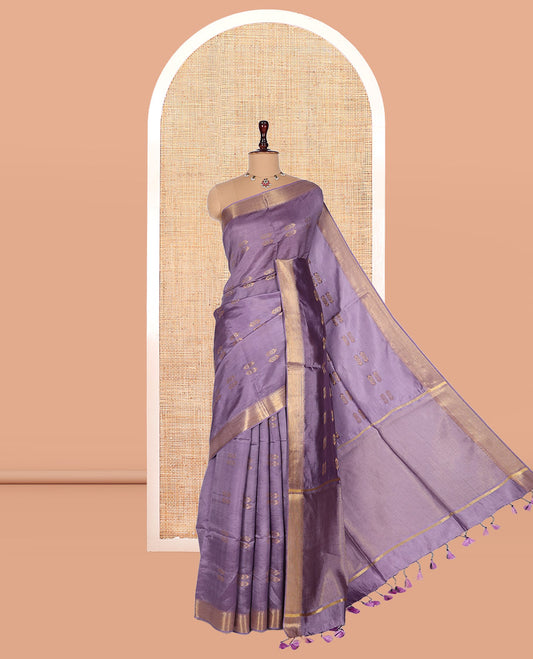 Lavender Banana Pith Saree, Elevated with Zari Buttas, a Zari Temple Border, Striped Pallu, and Matching Blouse