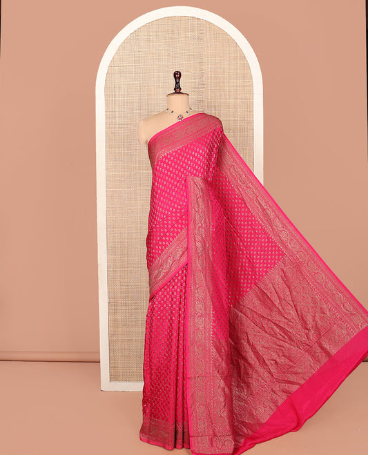 Pink Fancy Crepe Saree, Detailed with Buttas, Highlighted by a Floral Creeper Border, Intricately Designed Pallu, and a Matching Blouse