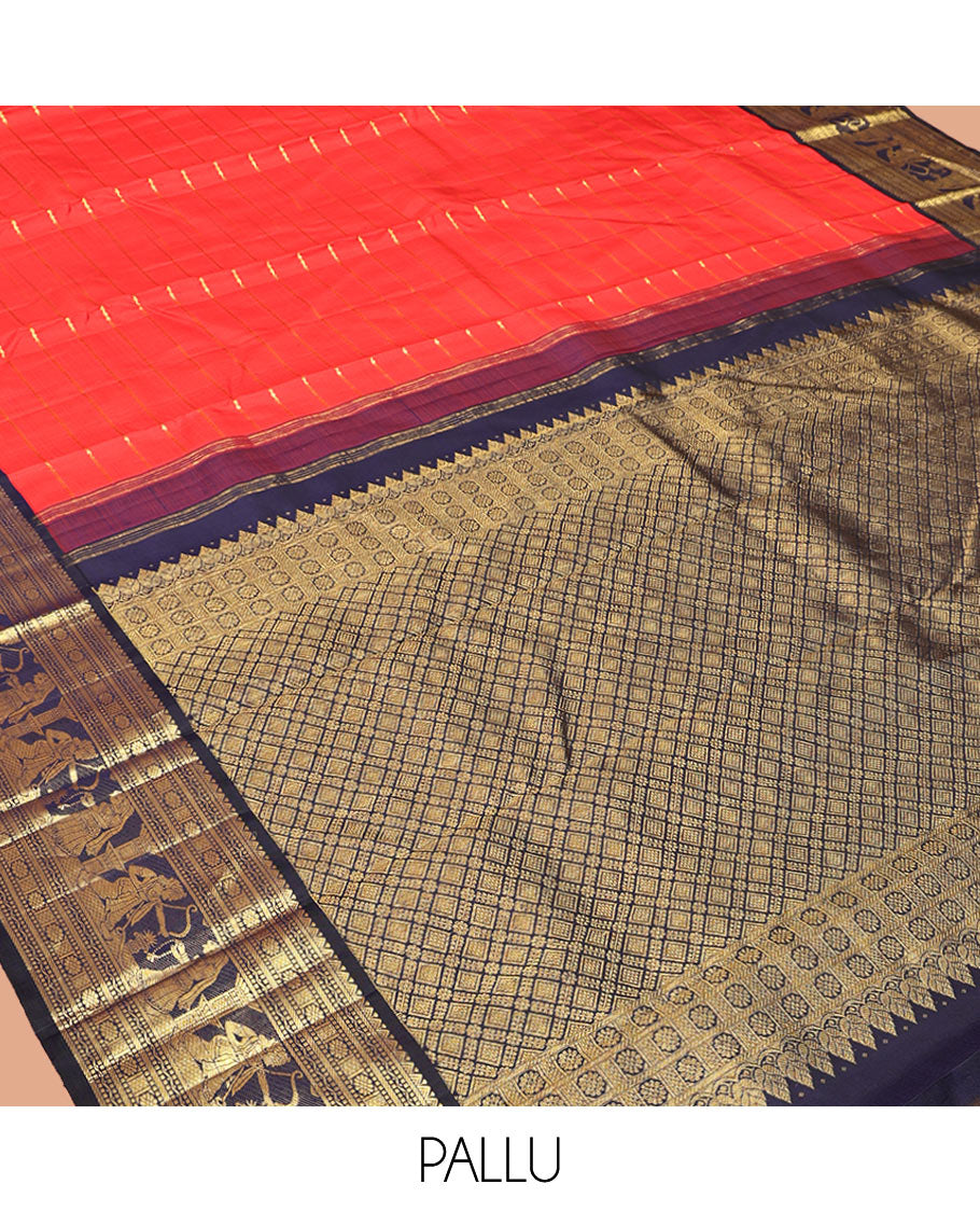 Orange Neli Striped Kanchipuram Silk Saree, Complemented by a Contrast Border of Rekku, Banaras, Muthu, Neli, Mayil, Kann, Kamalam, and Ram Seetha Designs, Grand Pallu, and Contrast Blouse