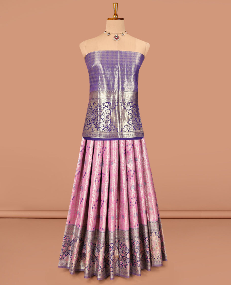Pink Art Silk Material Half Saree Set, Embellished with Jacquard Design Skirt, a Contrast Meenakari Design Border, Contrast Blouse, and an Intricate Dhavani
