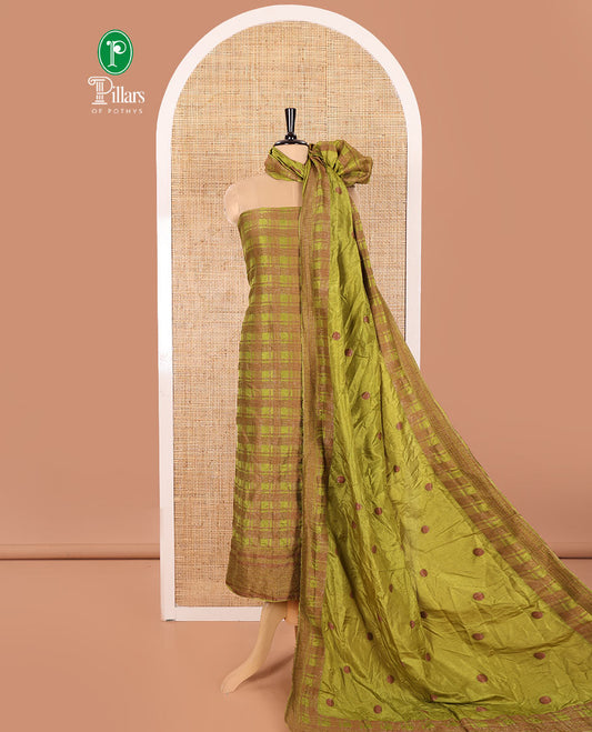 Green Material Chudidar Set Embellished with Copper Zari Checks Semi-Modal Silk Top, Subtly Made Plain Santoon Bottom, and a Semi-Modal Dupatta Featuring Polka Dots in Zari