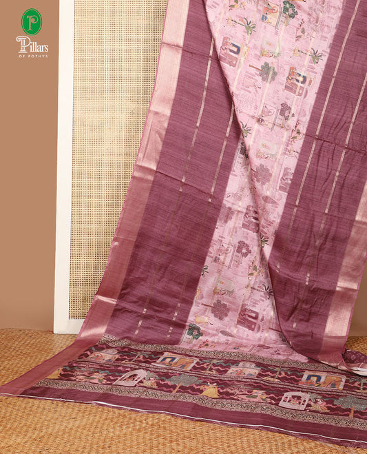 Wine color architechtural elements, figure zari design dola silk saree with architechtural elements border & architechtural elements figures pallu along with printed pallu