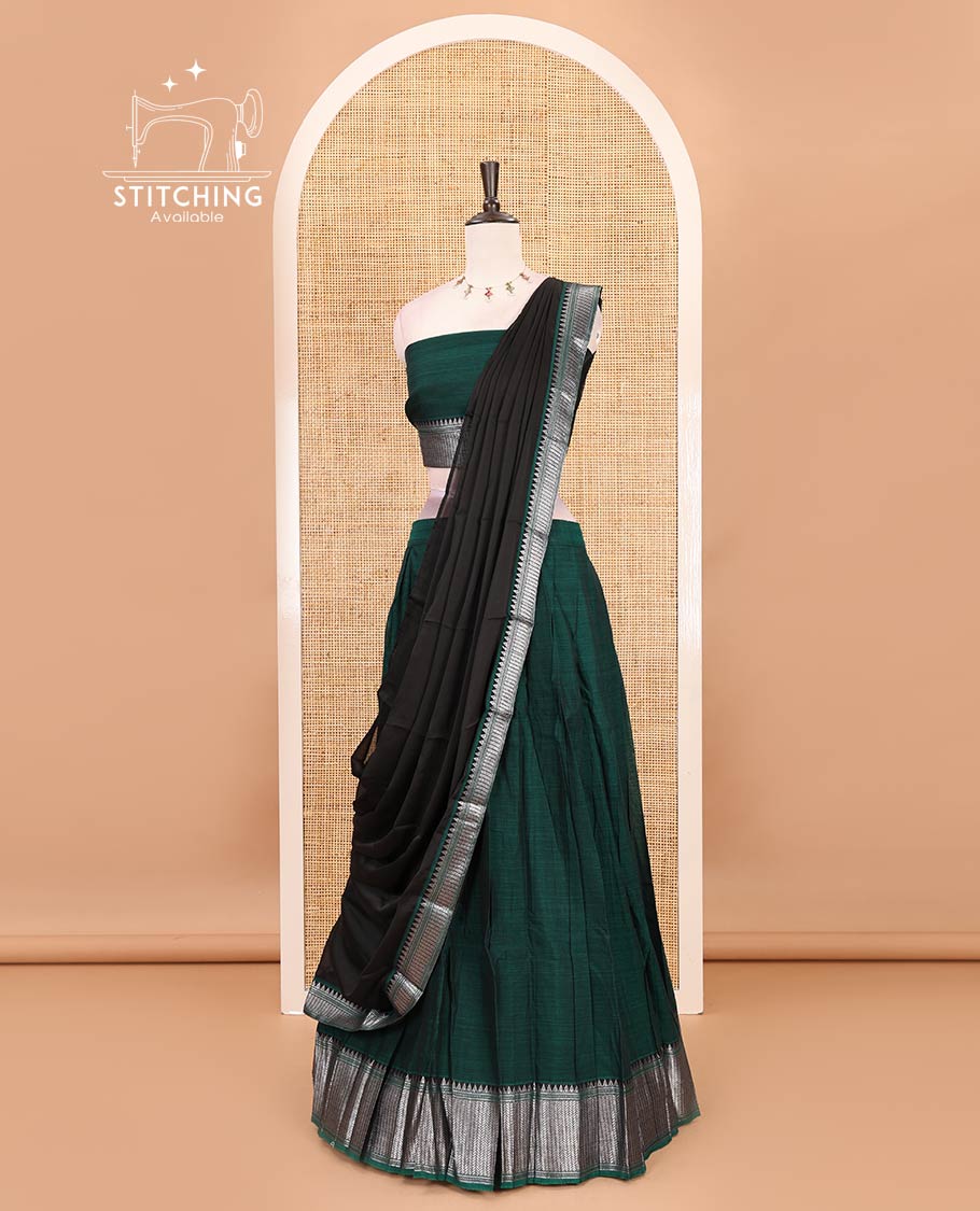 Green-Black Mercerised cotton half-saree, plain & contrast temple geometric border skirt, matching blouse & contrast zari border Vichitra silk dhavani