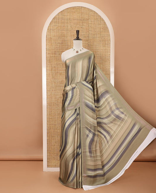 Light olive ombre-color abstract-printed satin crepe saree, copper zari line weave border & matching jaal printed blouse