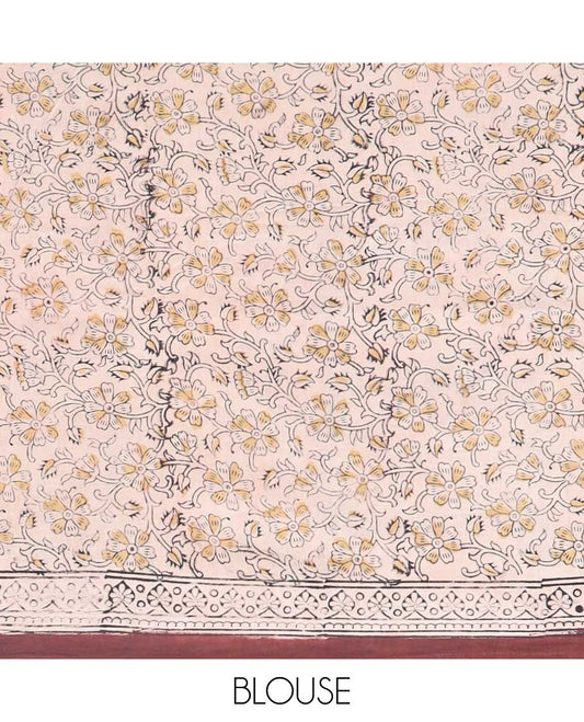 Maroon floral machine printed kalamkari cotton saree, self-border & intricately printed pallu