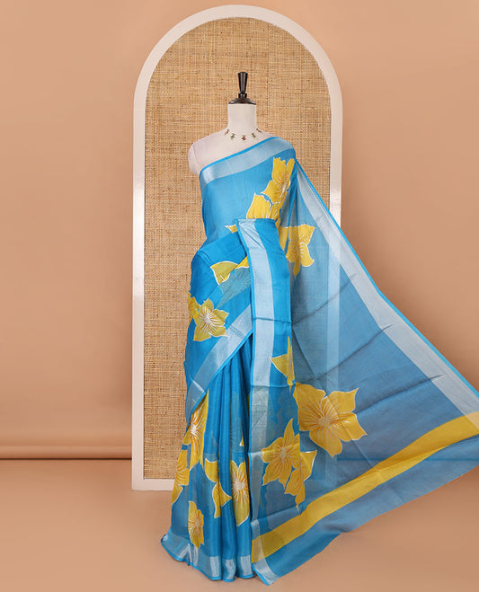 Blue floral placement-style printed Marble chiffon saree, zari border & contrast yellow gotta patti work & mixed embroidered blouse