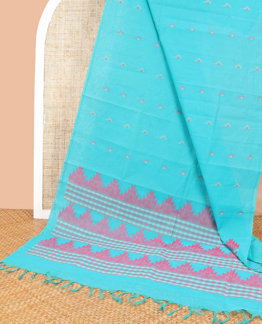 Light blue floral design coimbatore cotton saree with self border & geometric design pallu