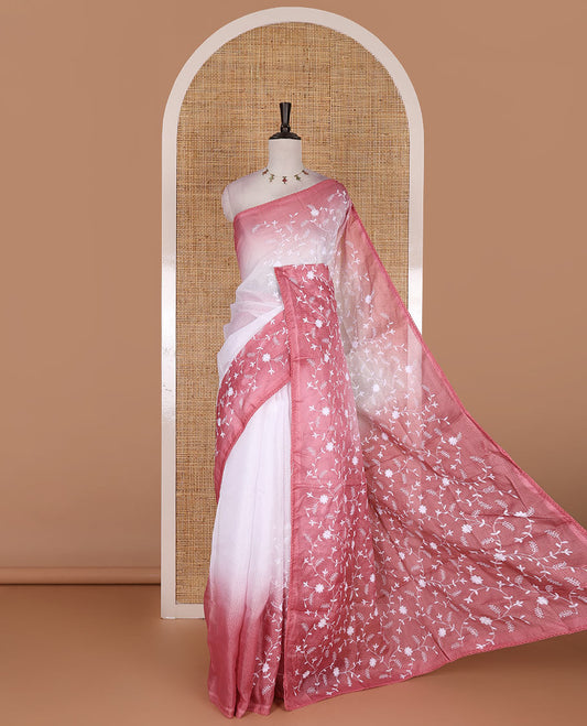 White floral vine chickankari embroidered kota chex saree, lace border, floral vine chickankari embroidered pallu, and contrast plain blouse