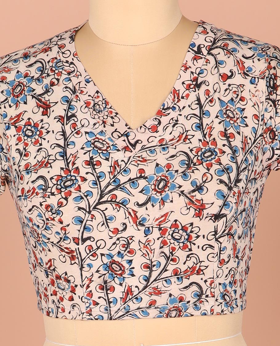 Multi-Color Readymade Blouse Gracefully Decked Up with Floral Vine Prints, Featuring a Front V-Neck, a Back Closed Neck, and Full Sleeves