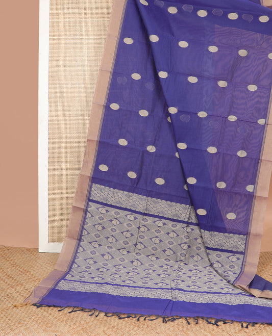 Purple round motifs kanchi cotton saree with contrast border & checked floral design pallu