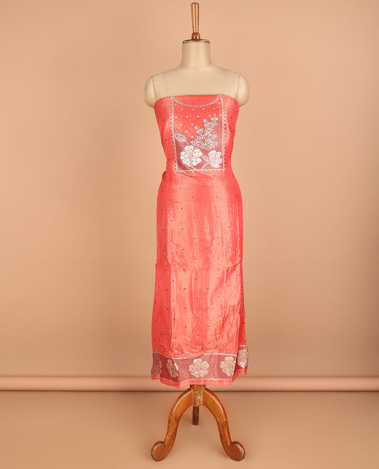 Dark peach chudidhar material chanderi tissue neck weaving thread, floral butta top with satin cotton pants & chanderi tissue zari weaving dupatta