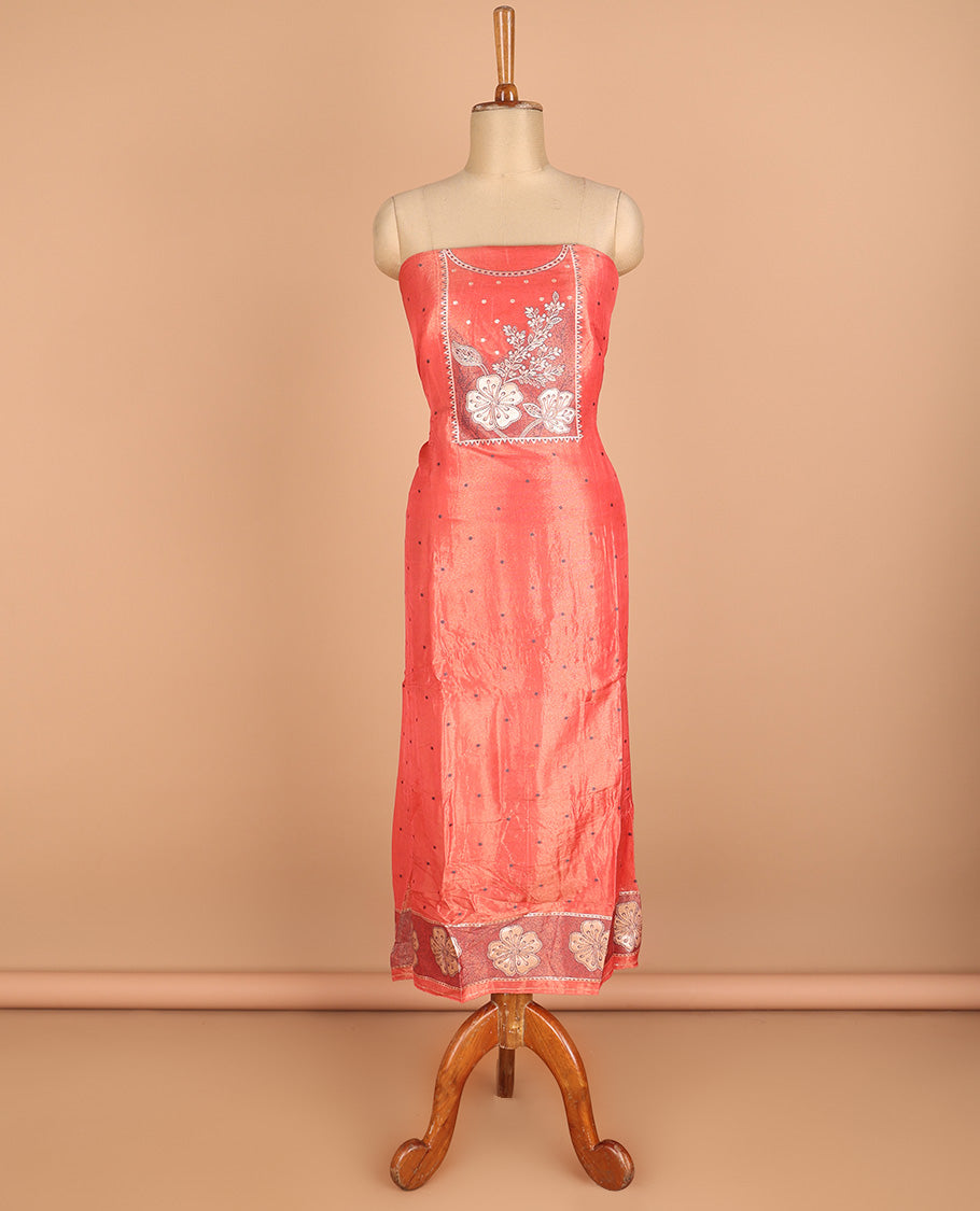 Dark peach chudidhar material chanderi tissue neck weaving thread, floral butta top with satin cotton pants & chanderi tissue zari weaving dupatta