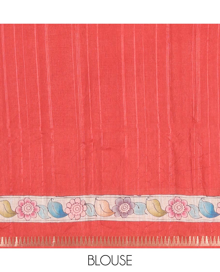 Chikku-Red Fancy Tussar Saree, Artfully Detailed with Kalamkari-Style Floral Print Across Its Body, Complemented by Contrast Temple Zari Border, a Colourfully Kalamkari Printed Pallu, and Paired with a Plain Blouse