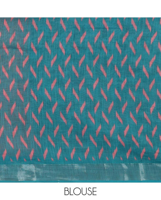 Pink pochampally-style geometric printed linen saree, contrast zari bavanji border & pochampally geometric printed pallu & blouse