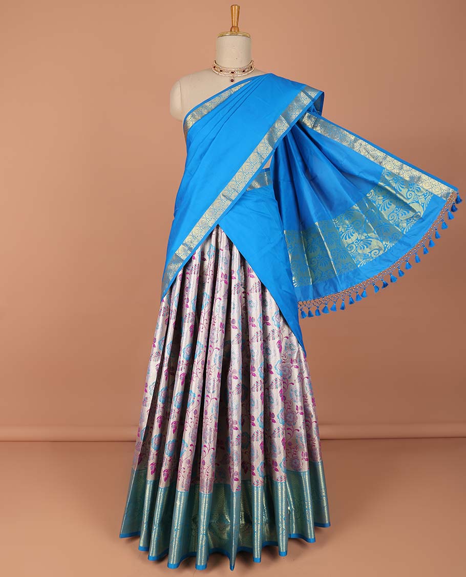 Blue  floral vine design art-silk half saree, contrast traditional zari border,zari design blouse & intricate dhavani