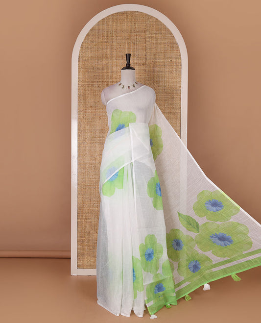 Borderless white and green floral printed linen cotton saree, contrast plain blouse