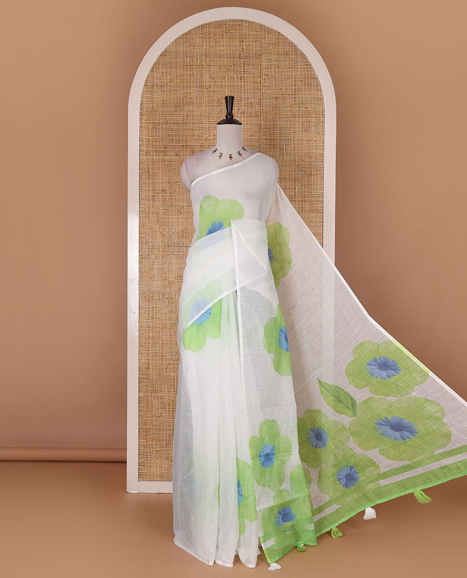 Borderless white and green floral printed linen cotton saree, contrast plain blouse