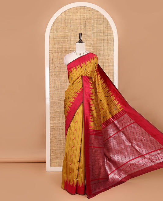 Mustard vertical striped & parrot motifs kanchi silk saree, contrast satin temple border, zari-rich jaal pallu & contrast zari design blouse