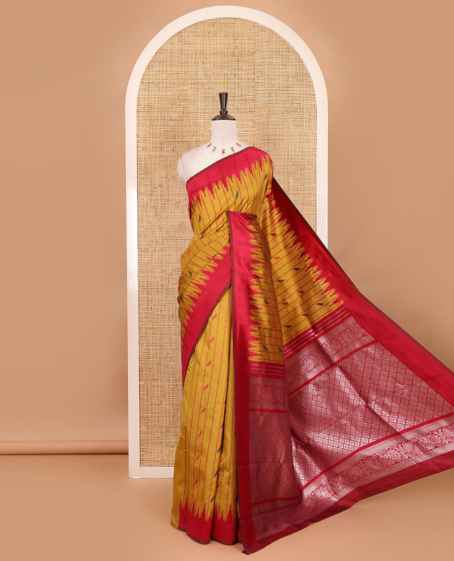Mustard vertical striped & parrot motifs kanchi silk saree, contrast satin temple border, zari-rich jaal pallu & contrast zari design blouse