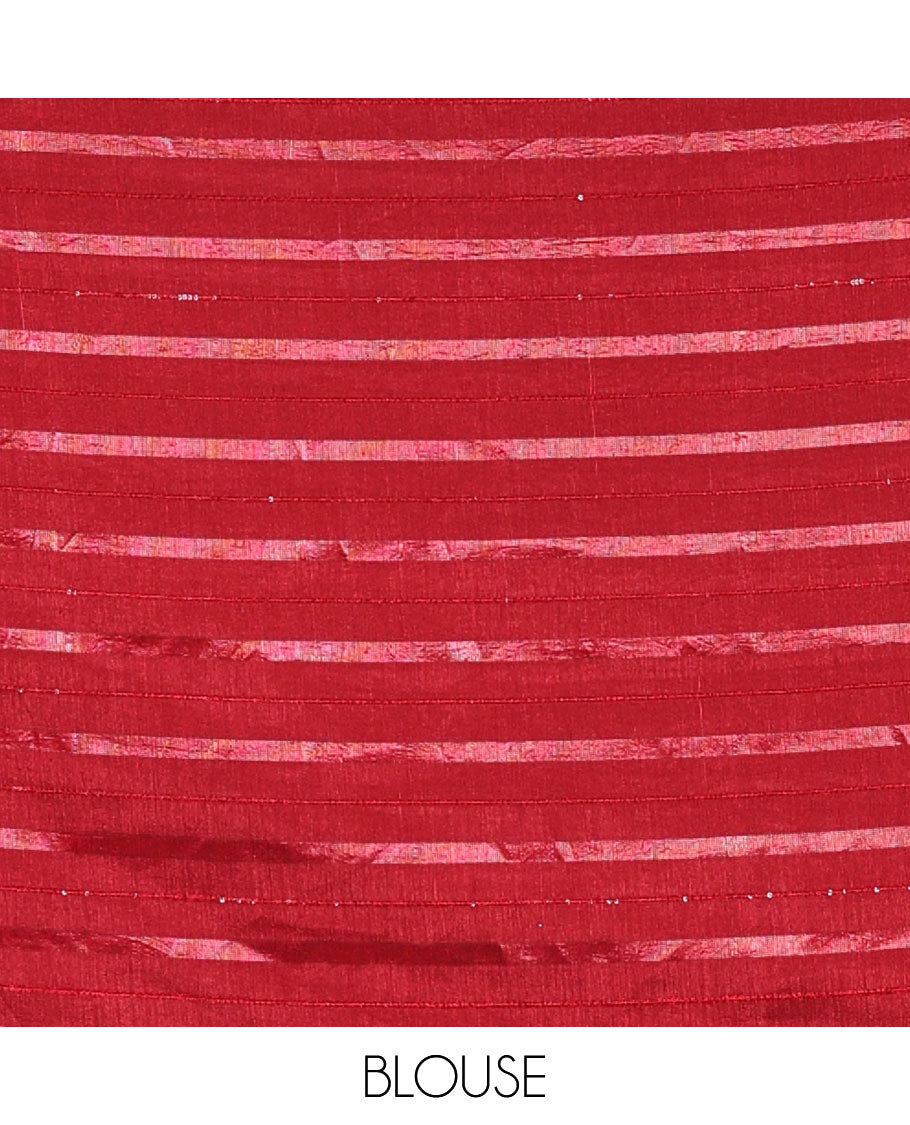 Borderless Red Vichitra Silk Saree, Bedecked with Horizontal Stripes and Sequin Stripes, Paired with a Matching Blouse