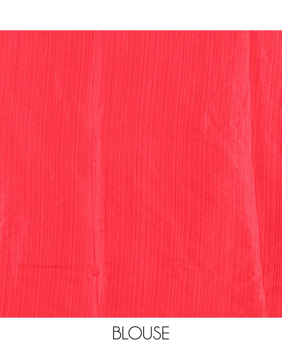 Cream and Red Satin Crepe Saree Adorned with Shibori Prints, Complemented by Contrast Shibori Printed Border, Pallu Decked Up with Shibori Prints, and Paired with a Plain Blouse