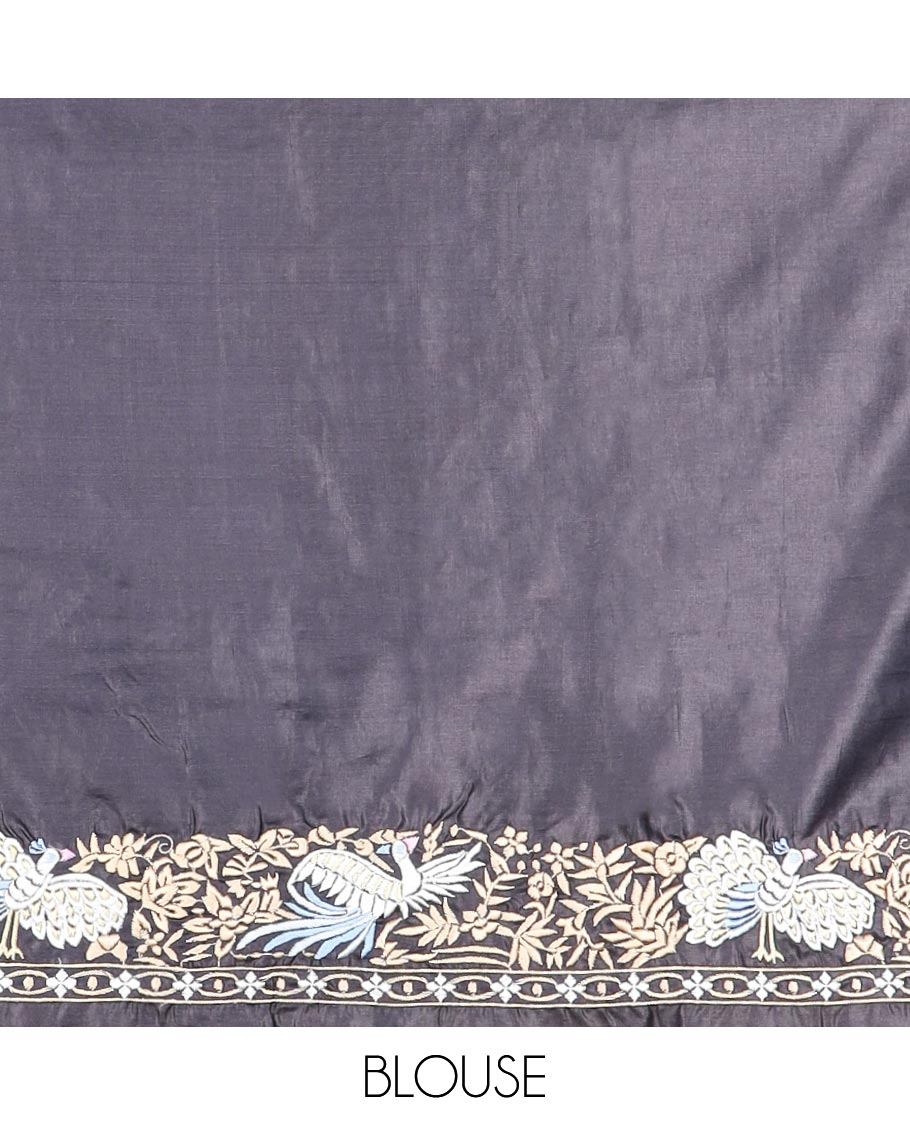 Black tussar saree embroidered border & pond theme embroidery pallu