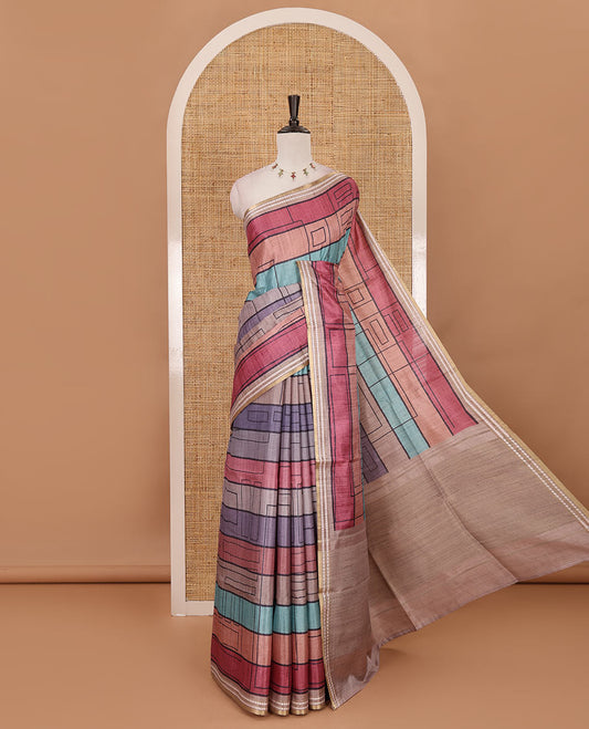 Pink abstract geometric printed semi-tussar saree, contrast thread triangle motifs border, striped pallu & contrast striped blouse