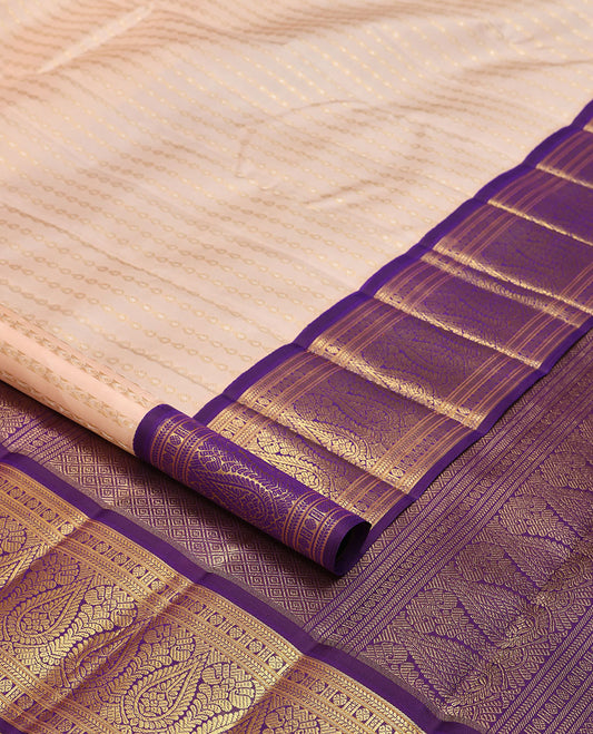 Cream floral buttas kancheepuram silk saree  with contrast korvai border of banaras, paun, kathir design & zari design pallu
