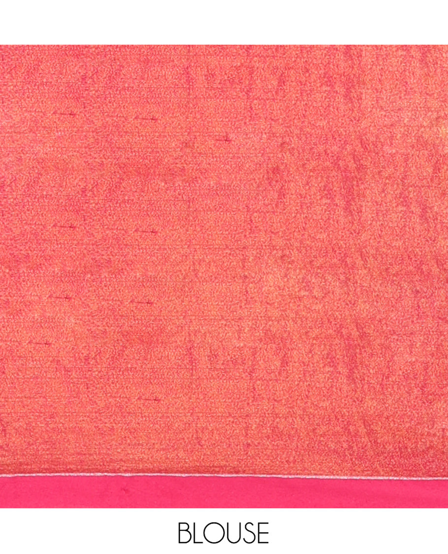 Pink Khadi Tissue Saree, Adorned with Leaf Buttas All Over Its Body, Highlighted by Geometric Patterned Border, Pallu Depicts Geometric Prints, and Paired with a Matching Blouse