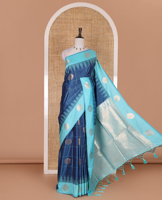 Blue round peacock chakram buttas enclosed checked Mulberry silk saree, contrast round peacock chakra border, zari worven pallu, and contrast zari blouse