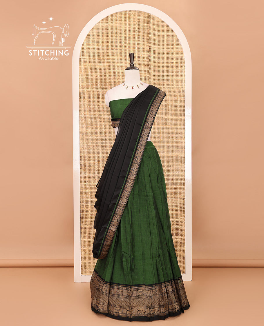 Leaf green with black cotton half saree with contrast elephant design border,elephant design blouse & zari design border dhavani