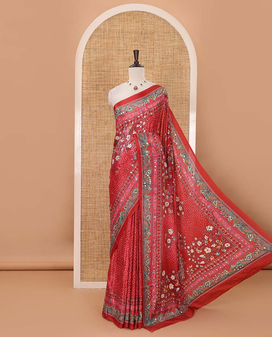 Red-base floral bandhani-theme printed & real mirror embroidery masakali saree, self-border, printed mirror work pallu & matching blouse