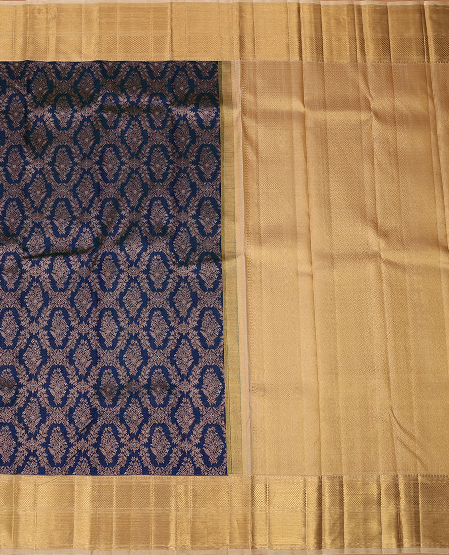Blue jacquard silk saree, contrast border of thilakam mokku,muthu,kathir & kuyil kann design & jaal pallu