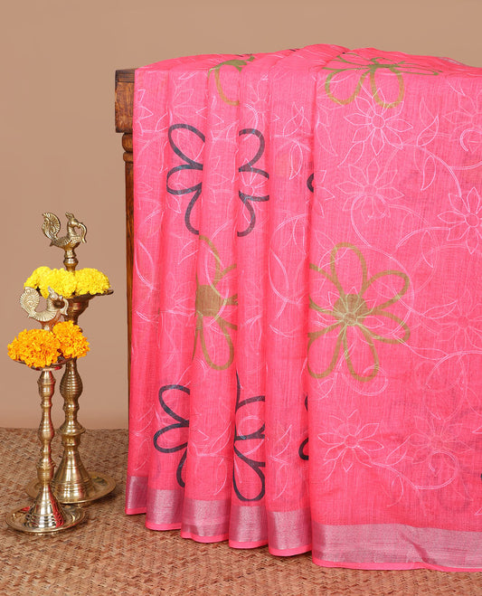 Rani pink floral buttas embroidery linen saree with bhavanji border & self pallu along with butta printed blouse