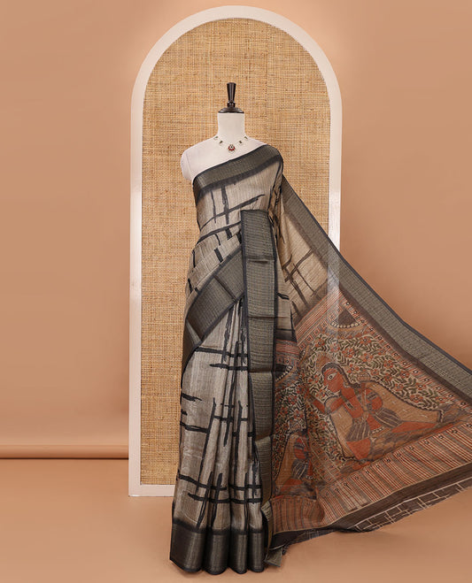 Chikku geometric printed semi-jute saree, contrast geometric zari border, Madhubani-style printed pallu, & black blouse of print & zari work