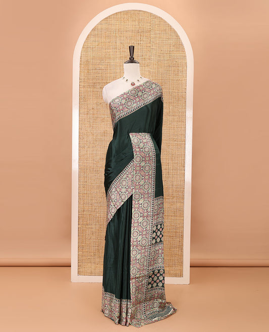 Green plain design Turkey crepe saree, intricately Ajrakh-printed border, pallu & matching blouse