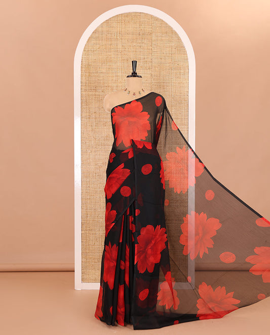 Borderless black and red floral motifs printed lightweight chiffon saree, floral printed pallu, and without blouse