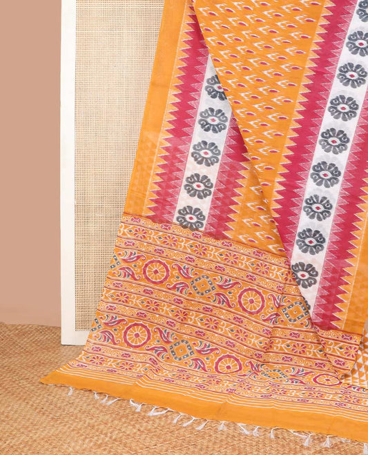Orange floral motifs mul mul cotton saree with contrast temple, floral design border & floral design pallu