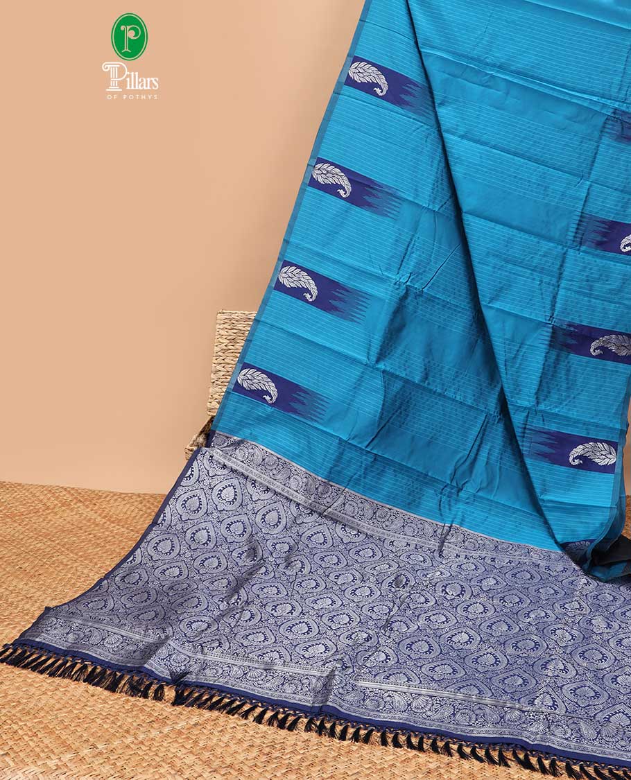 Blue vaira ousi model design litchi soft silk saree  with self border of temple , white zari manga design & contrast pallu