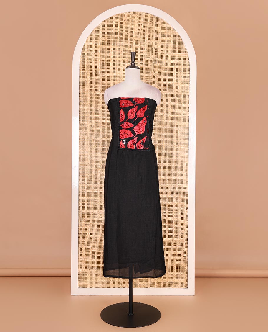 Black and red material churidar set, neck leaf print with mirror work Vichitra silk top, plain santoon bottom, and leaf printed shimmer georgette dupatta