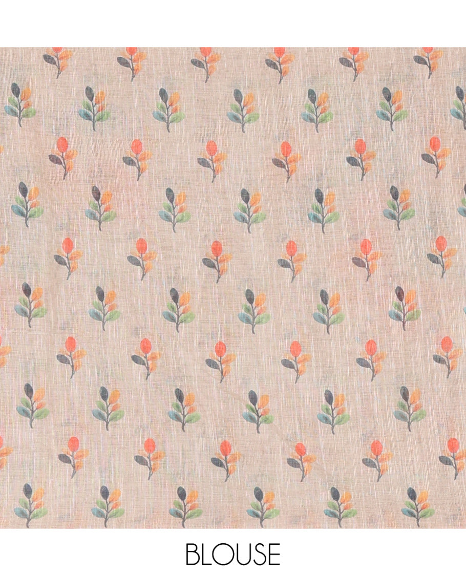 Borderless Chikku Linen Cotton Saree, Artfully Designed with Multi-color Leaf Motifs Print, Pallu Mirrors the Same Print, and Paired with a Matching Leaf Printed Blouse