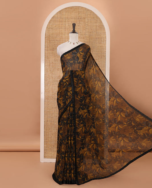 Black-mustard floral digital printed georgette saree, satin lace plain border & black plain blouse