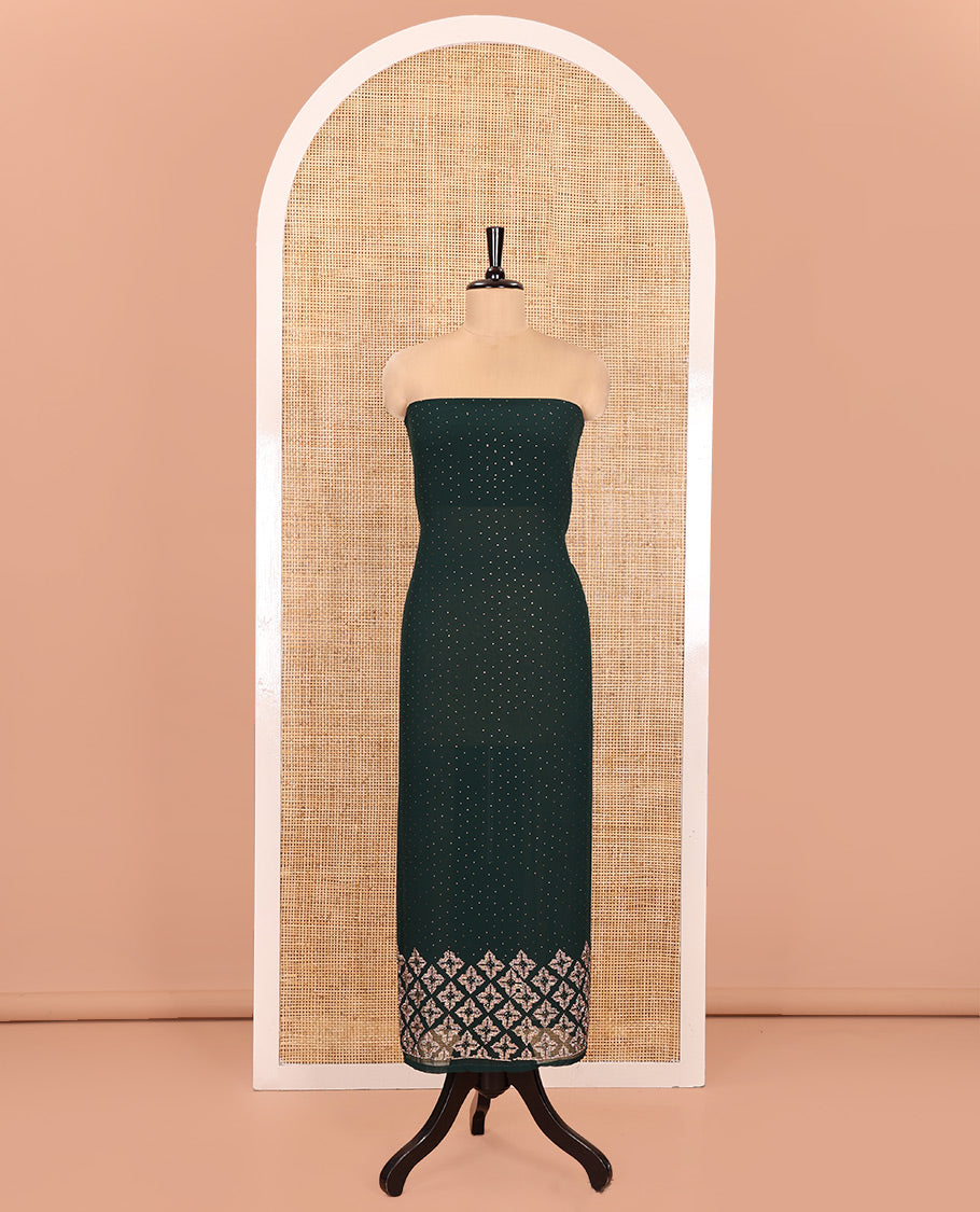 Green Material Churidar Set, Swarovski Stone Work Fox Georgette Top, Comes with a Plain Santoon Bottom, and a Scallop Swarovski Stone Work Fox Georgette Dupatta