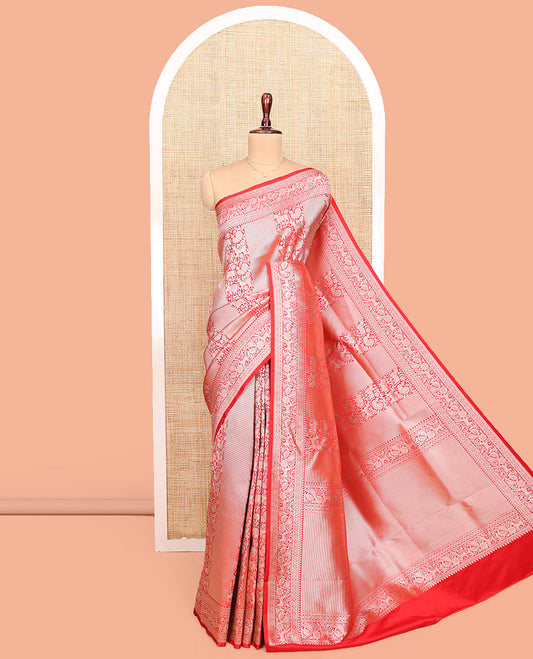 Red Semi-Banaras Silk Saree, Richly Detailed with Animal-themed Jacquard Designs on Its Body, Highlighted by a Zari Border of Traditional Designs, Pallu Steeped with Stripes, and Paired with a Matching Blouse